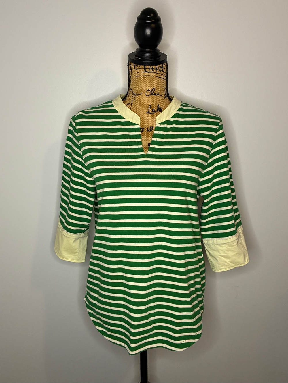 Solezia Green and Cream Cotton Striped Split-Neck 3/4/ Sleeve Top